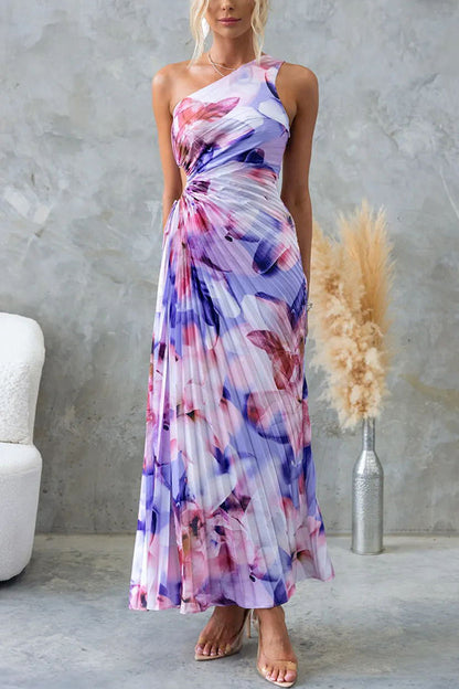 Deja - Robe Maxi Plissée à Épaule Unique avec Motif Floral