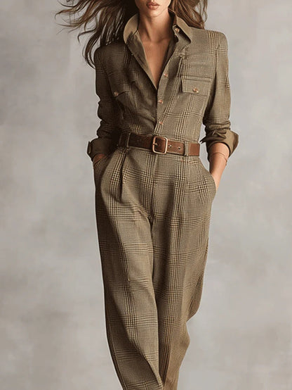 Alessia - Combinaison utilitaire en tweed marron à motif raffiné