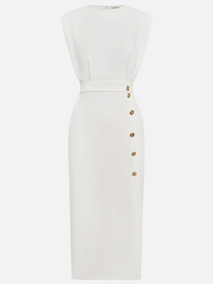 Malene™ | Robe Midi Unie avec Ouverture de Boutons et Décolleté Rond