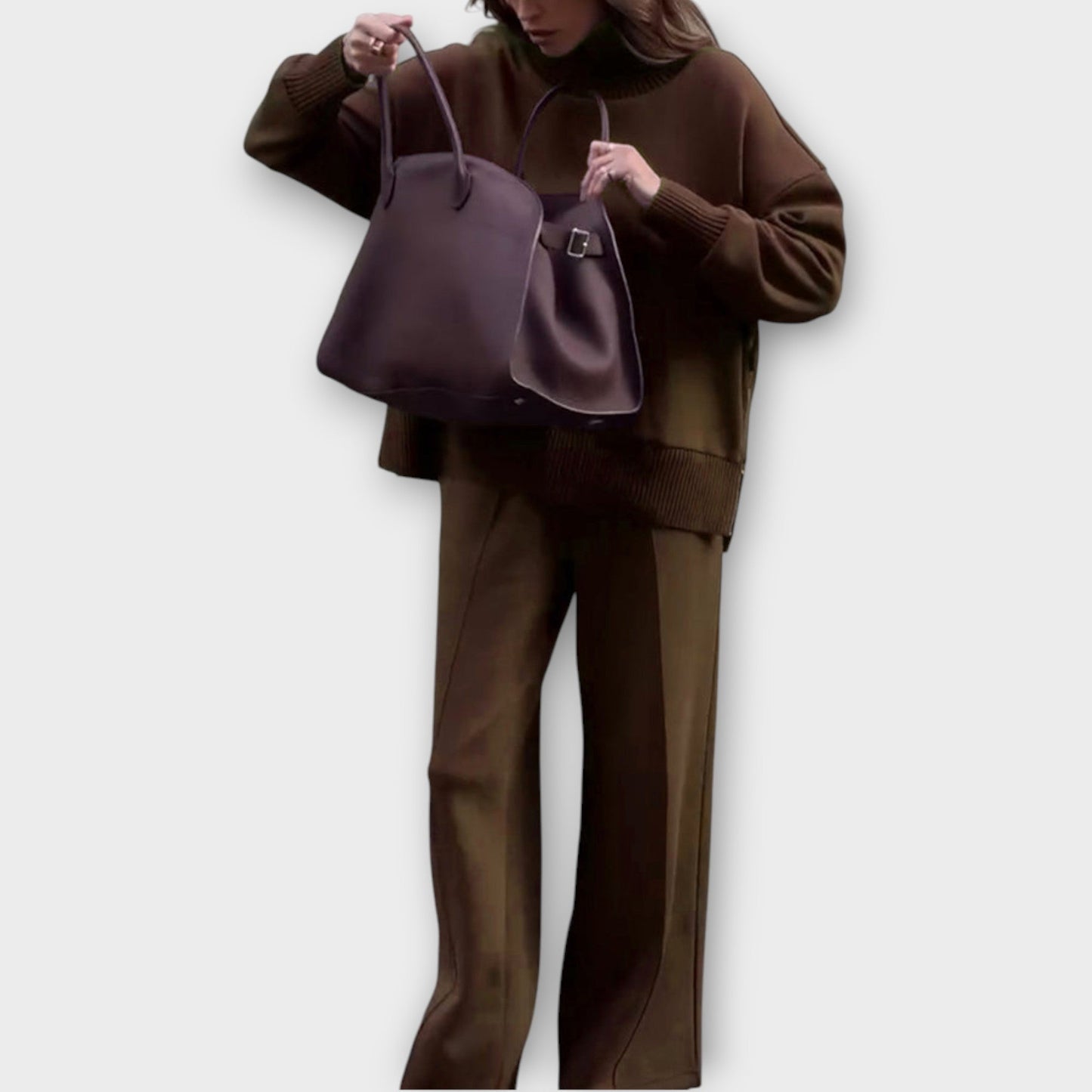 Ensemble de Pull Détendu avec Col Montant et Pantalons à Jambes Larges