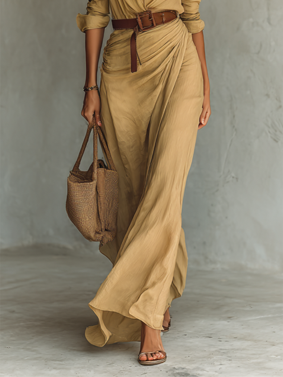 Robe Maxi Élégante avec Revers et Manches Longues pour Femme