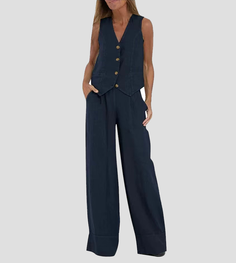 Jessica - Ensemble Gilet Boutonné & Pantalons à Jambes Larges