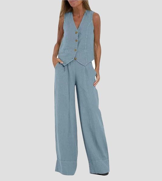 Jessica - Ensemble Gilet Boutonné & Pantalons à Jambes Larges
