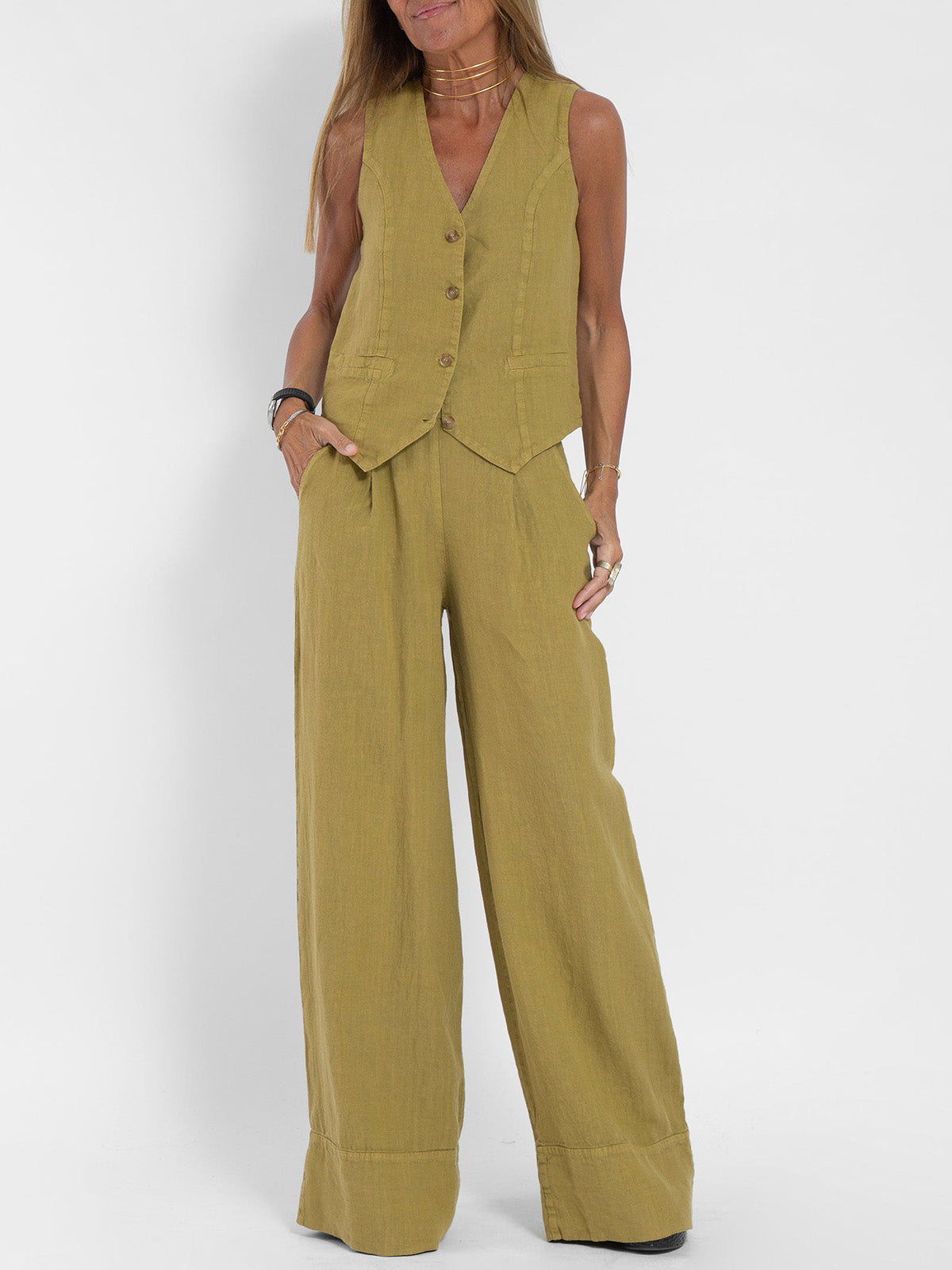 Jessica - Ensemble Gilet Boutonné & Pantalons à Jambes Larges