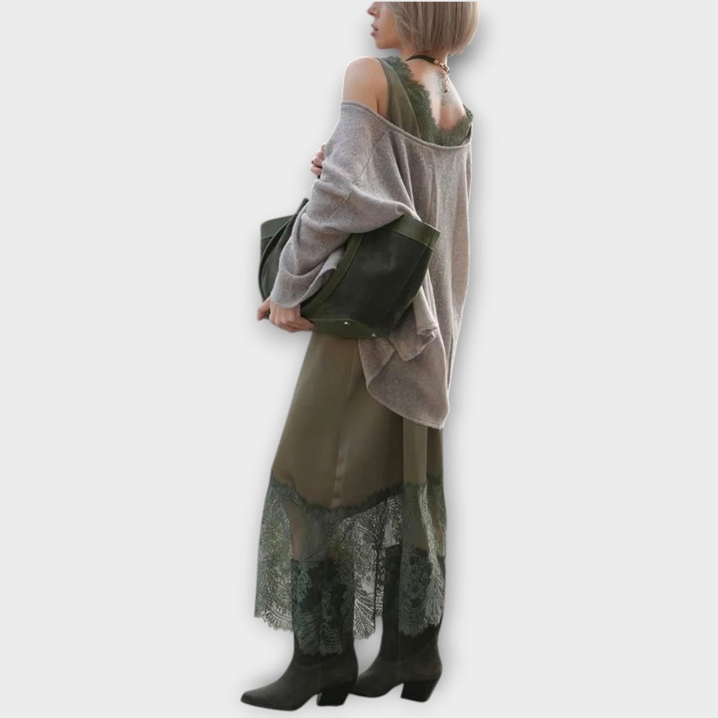 Jupe Midi en Satin avec Bord en Dentelle et Pull Décontracté