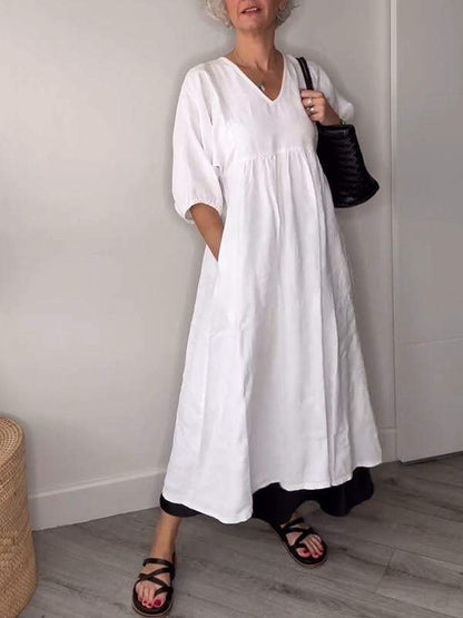 Eeva™ - Robe Midi Décontractée avec Décolleté en V et Poches