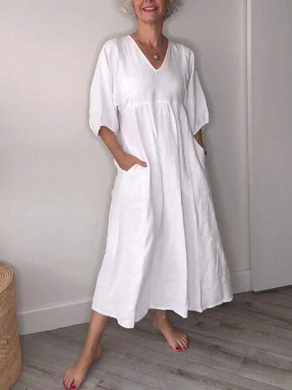 Eeva™ - Robe Midi Décontractée avec Décolleté en V et Poches