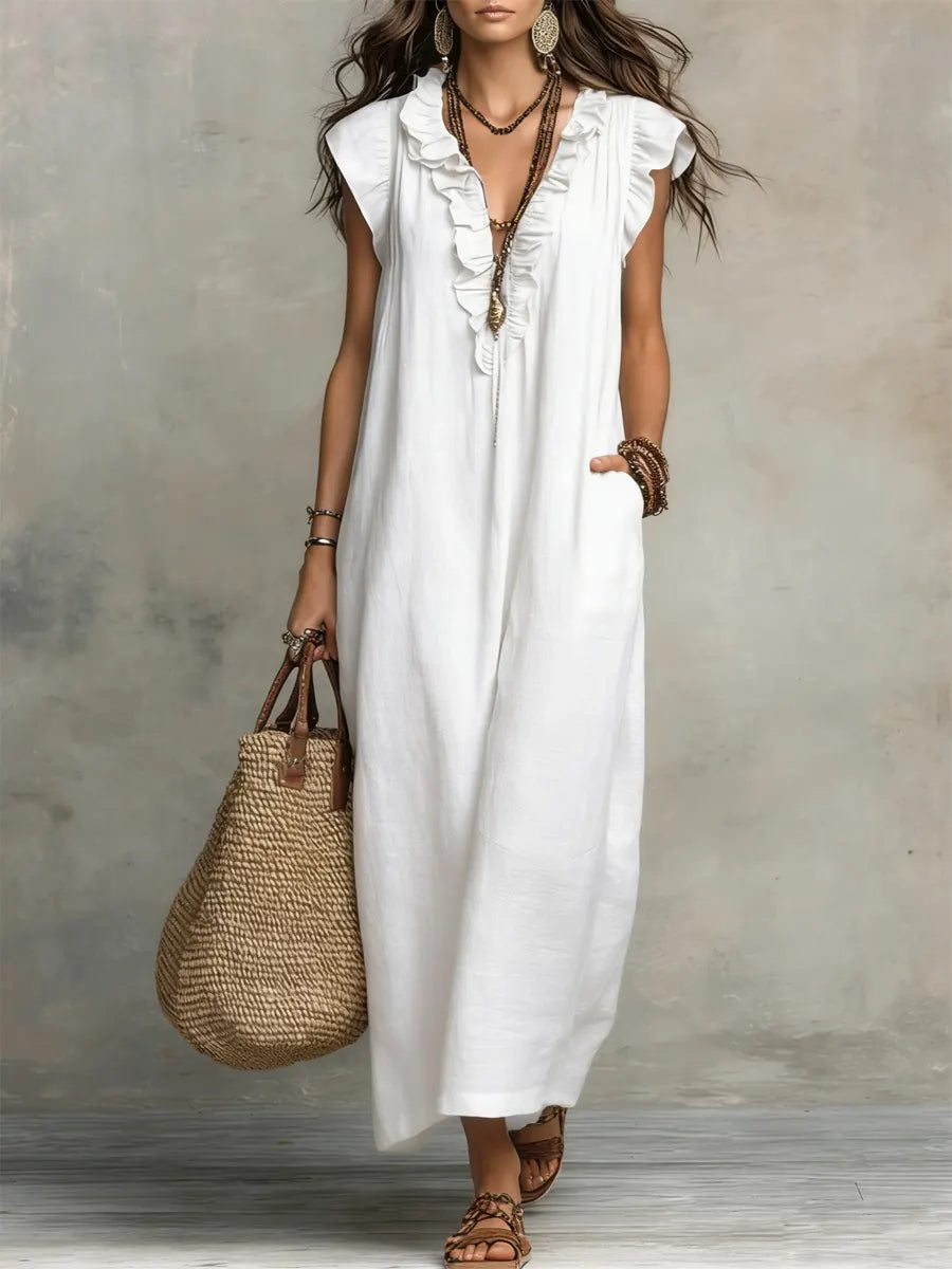 Robe Longue Femme Bohémienne en Lin et Coton - Coupe Fluide Élégante