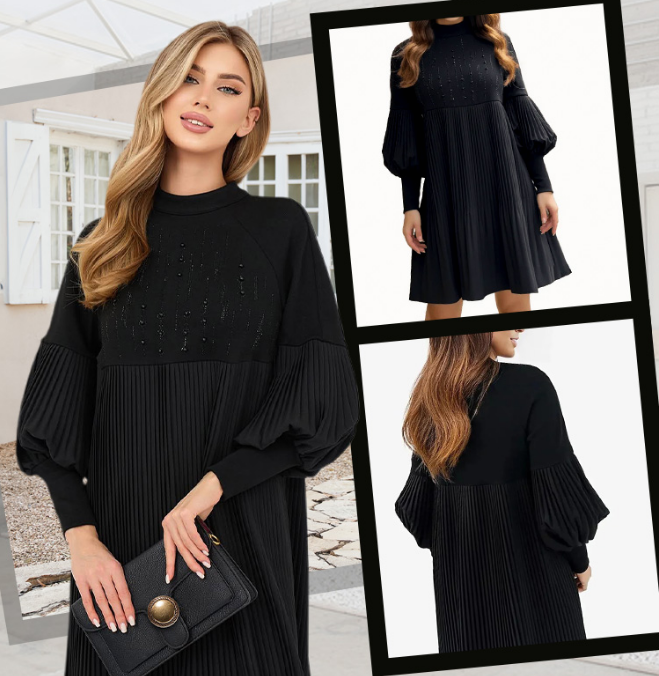 Marlene | Robe Grande Taille avec Col Haut et Manches Bouffantes