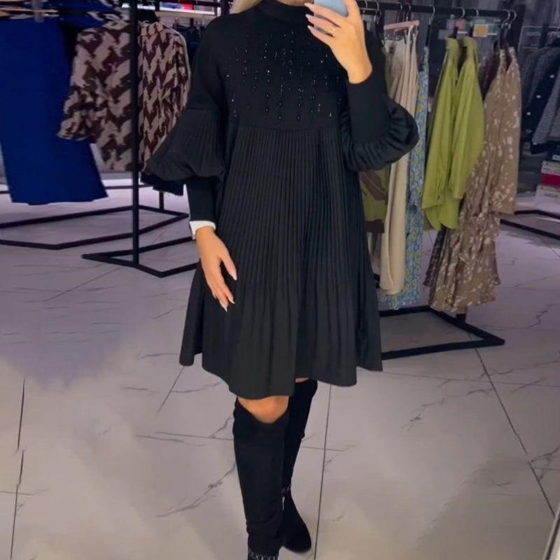 Marlene | Robe Grande Taille avec Col Haut et Manches Bouffantes