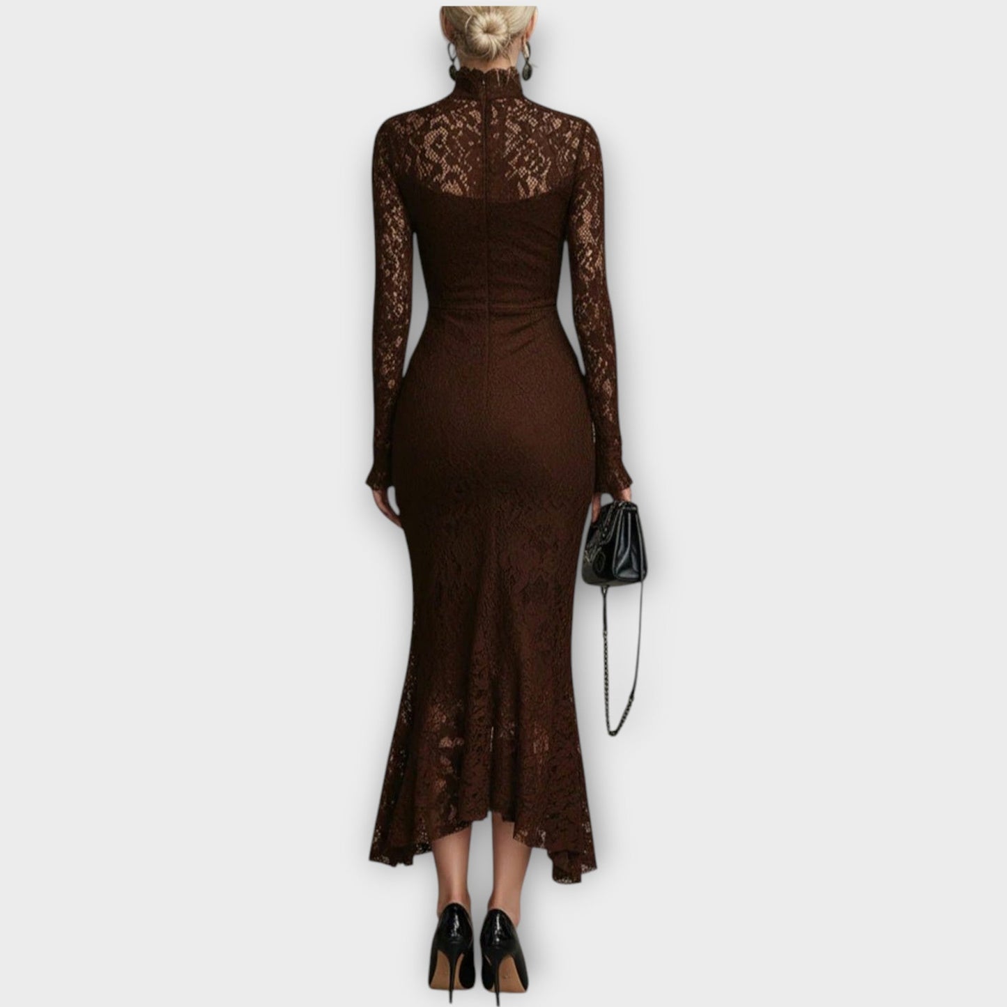 Robe Midi Élégante en Dentelle avec Col Haut