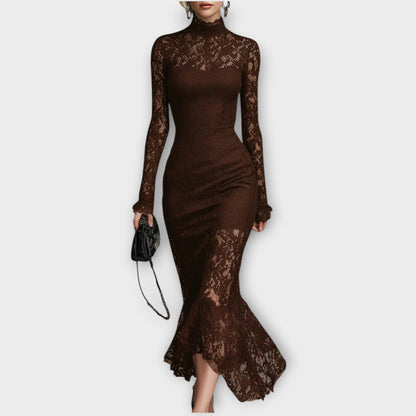 Robe Midi Élégante en Dentelle avec Col Haut