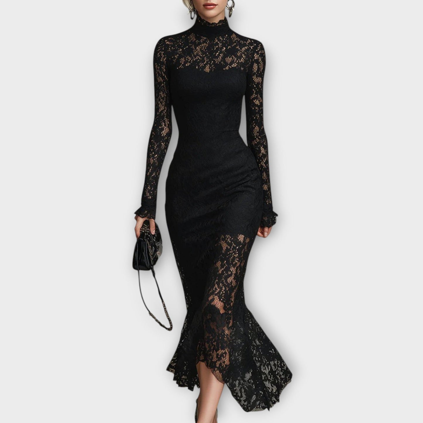 Robe Midi Élégante en Dentelle avec Col Haut