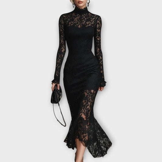 Robe Midi Élégante en Dentelle avec Col Haut